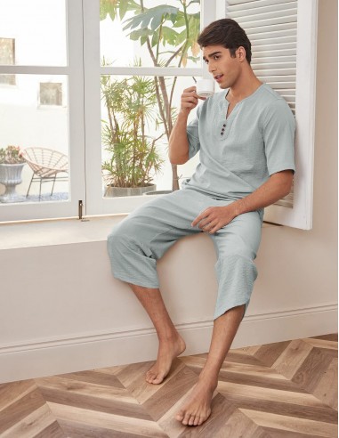 Pyjama Homme Décontracté 2 Pièces en Lin pour l'Été Véritable concentré